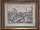 an old drawing of a view of a city with a clock tower in the background