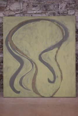 a painting of a woman ' s face on a yellow background