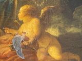 a painting of a baby sitting on a bed with a teddy bear