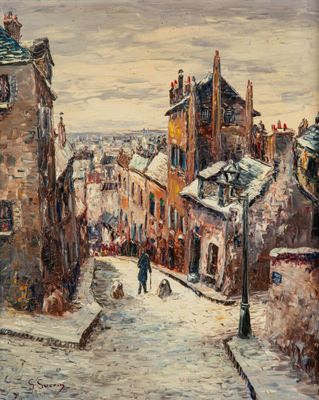 une peinture à l'huile représentant une scène de rue avec une personne marchant dans la rue