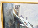 a painting on the wall of a building with a clock tower in the background