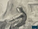 a drawing of a woman sitting on a bench