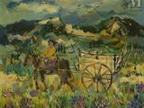 une peinture à l'huile représentant un homme à cheval tirant une charrette