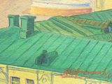a painting of a building with a green roof