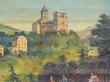 painting of a painting of a castle with a horse drawn carriage in the foreground