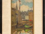 tableau représentant un voilier dans un port, avec des bâtiments en arrière-plan