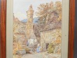 un tableau représentant une femme en robe bleue debout devant un bâtiment en pierre