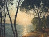 une image d'un tableau représentant un coucher de soleil sur une étendue d'eau