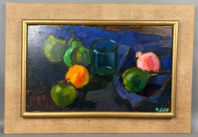 une peinture représentant des fruits et un verre posés sur une table