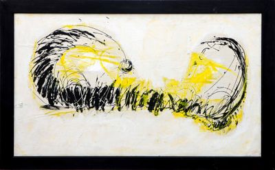 dessin jaune et noir représentant un chat, dans un cadre noir