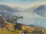 tableau représentant une vue sur un lac et une ville, avec des montagnes en arrière-plan