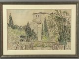 drawing of an old building with a clock tower in the background