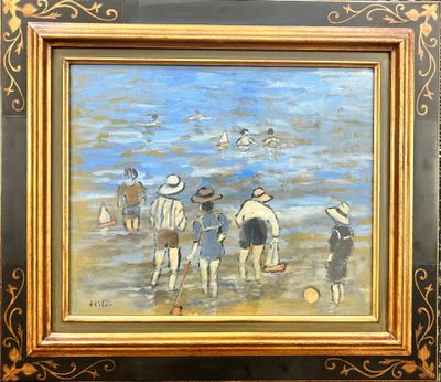 painting of a group of people standing on a beach with a boat in the background