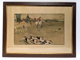 tableau encadré représentant un homme à cheval et un groupe de chiens
