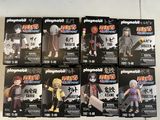 six playmobil action figures are shown on a white surface