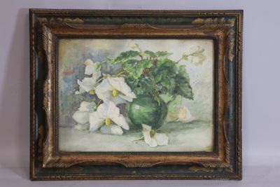 painting of a green vase with white flowers in it on a table