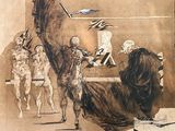 drawing of a group of people in a room with a bird flying overhead