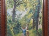 an oil painting of two children walking down a path in the woods