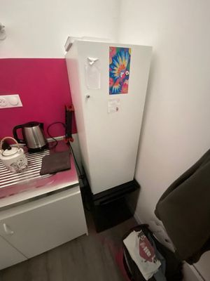 a small kitchen with a white refrigerator and a pink wall