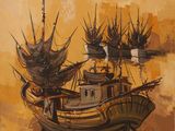 un tableau représentant un bateau flottant sur l'eau