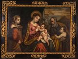 an old painting of a family with a baby in a room