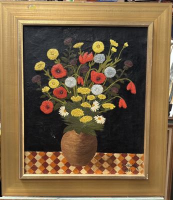 a painting of flowers in a vase on a table