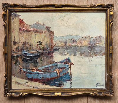 a painting of a boat on the water by a building
