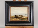 une peinture à l'huile représentant un bateau posé sur un chevalet, sur fond blanc