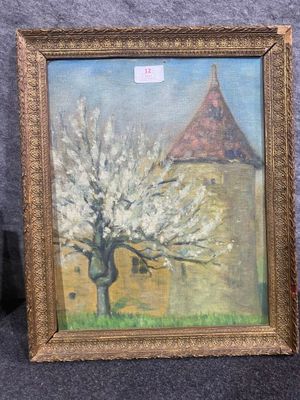 an oil painting of a tree in front of a building