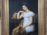 tableau représentant une femme en robe blanche assise à une table