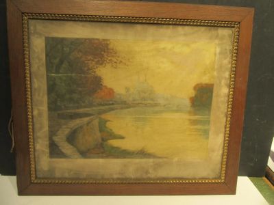 painting of a boat on a river with trees in the background
