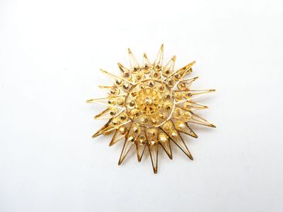 a close up of a gold brooch on a white surface