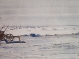 a picture of a painting of a windmill in the snow