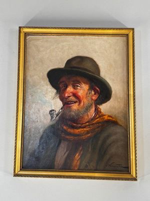 tableau représentant un homme avec une pipe à la bouche et un chapeau sur la tête