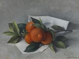une peinture représentant trois oranges sur une assiette, entourées de feuilles