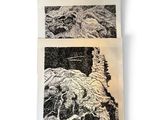 two black and white pictures of sheep in a field with trees
