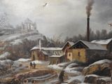 un tableau représentant un village sous la neige, survolé par un oiseau