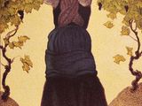 tableau représentant une femme cueillant des raisins sur un arbre dans un champ