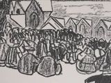 a black and white drawing of a crowd of people in front of a church