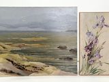 two paintings of flowers on a white surface next to each other