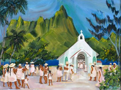 painting of a group of people standing in front of a white church