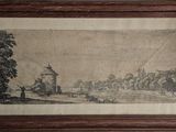 un vieux dessin représentant un paysage avec une église en arrière-plan