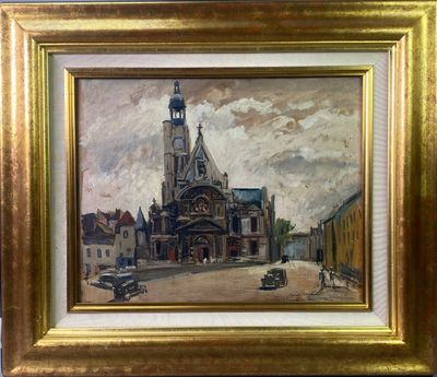 une peinture à l'huile représentant une église avec un clocher au centre
