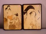 pair of asian paintings of a woman and a man with umbrellas