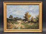 a painting of a dirt road with trees in the background