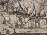 a picture of a drawing of a city with a lot of smoke coming out of it