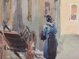 a painting of a woman walking down a street with a horse drawn carriage