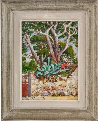 un tableau représentant un arbre dans un jardin avec une clôture