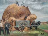 un tableau représentant un charreton de foin tiré par deux hommes