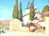 a painting of a village with a church in the background